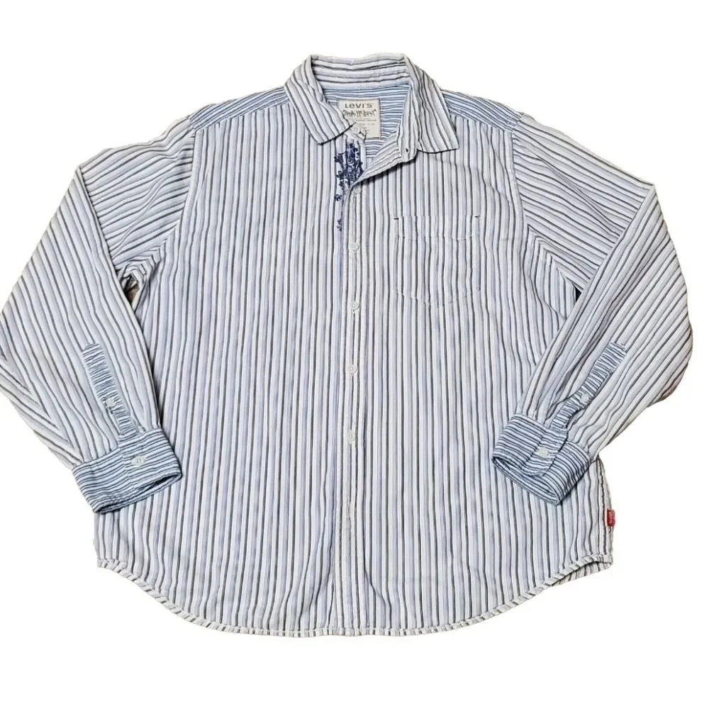 Levi's Mens Sz Large The Two Horse Shirt Blue & White Long Sleeve 100% Cotton